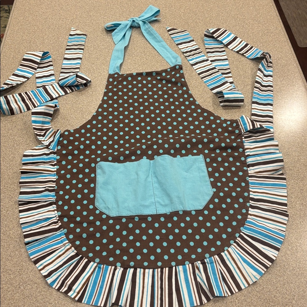 A Fun Brown, Light Blue, White Striped and Polkadot Full Apron